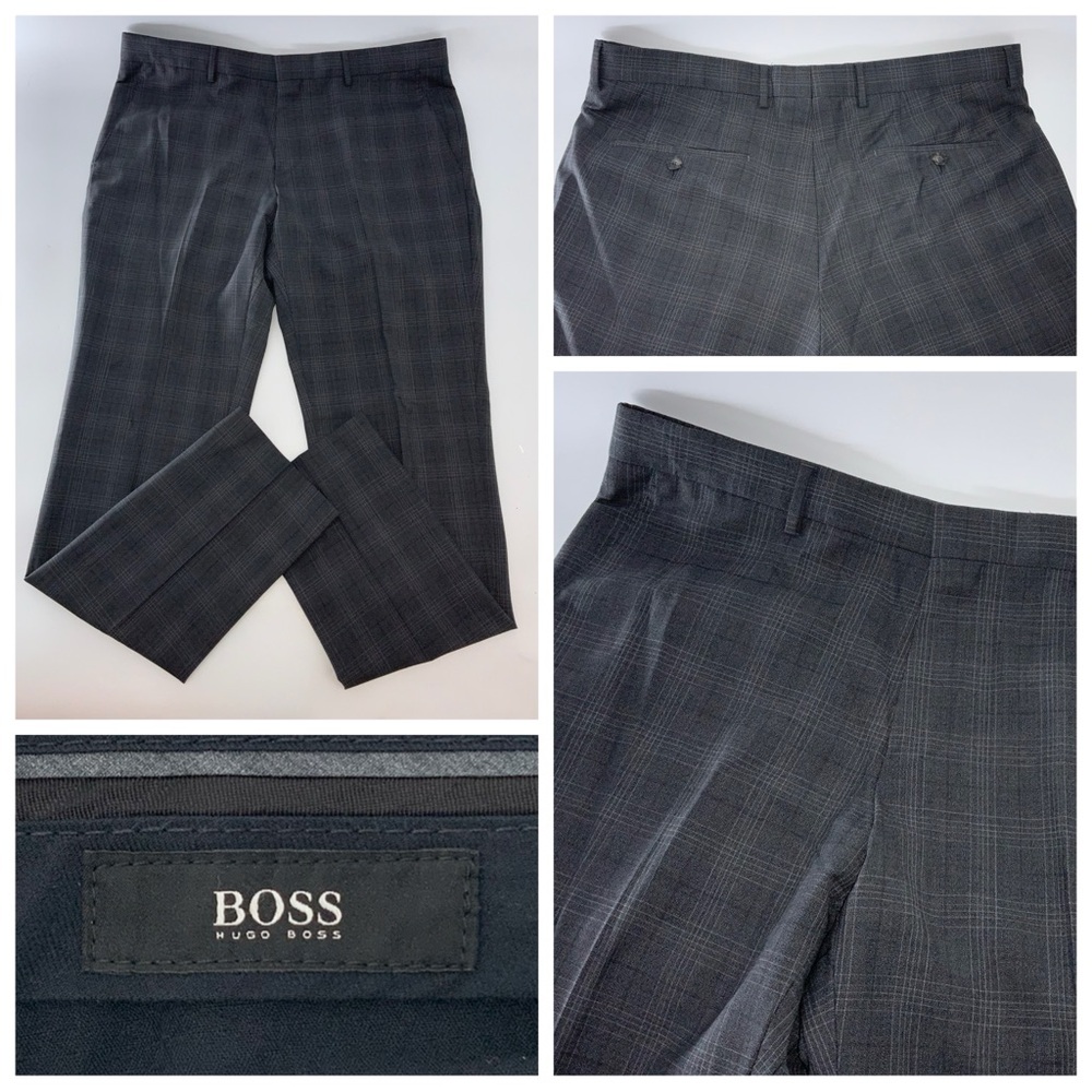 Hugo Boss Genesis3 Dress Pants Men 34x32 Gray Plaid Wool Flat Romania YGI W5-30